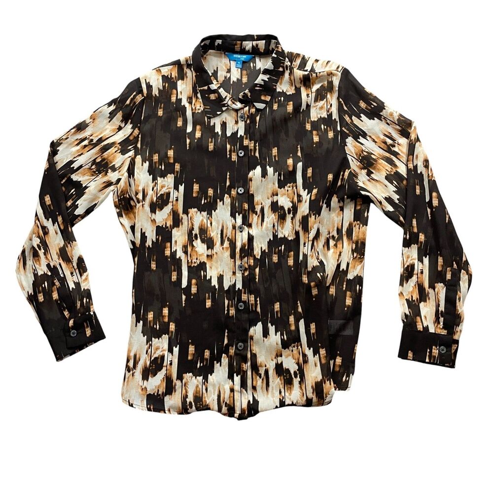 Derek Lam XL Brown Print Blouse Button Up Sheer Long Sleeve 100% Polyester